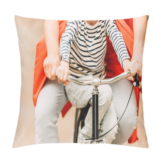 Personality  Cropped View Of Father With Son Red Cloaks On Bicycle Pillow Covers