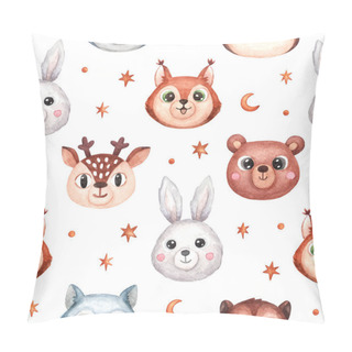 Personality  Seamless Pattern With Face Or Head Of Cute Animals. Woodland Animals Wolf, Squirrel, Bear, Rabbit, Deer, Chipmunk, With Moon And Stars. Watercolor Illustration In Cartoon Style For Kids Pillow Covers