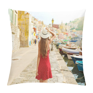 Personality  Holidays In Italy. Back View Of Beautiful Girl In Stunning Colorful Harbor Of Procida In Italy. Pillow Covers