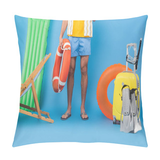 Personality  Cropped View Of Man Holding Life Buoy Near Deck Chair, Suitcase And Swimming Flippers On Blue Background  Pillow Covers