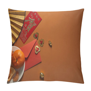 Personality  Top View Of Tangerines On Plate, Fan With Hieroglyphs, Golden Decorations And Red Envelope On Brown Background, Chinese New Year Composition  Pillow Covers