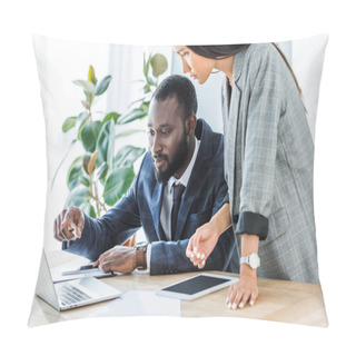 Personality  African American Businessman And Asian Businesswoman Looking At Laptop In Office Pillow Covers