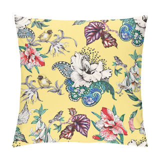 Personality  Seamless Pattern With Tropical Flowers And Birds Pillow Covers
