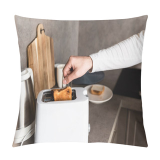 Personality  Partial View Of Man Taking Bread Out Of Toaster In Kitchen Pillow Covers