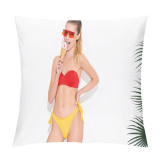 Personality  Young, Slim Woman In Swimwear Licking Delicious Ice Cream While Looking At Camera  On White Pillow Covers