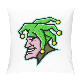 Personality  Mascot Icon Illustration Of Head Of A Harlequin, Jester, Minstrel, Joker, Medieval Singer Or Musician, Entertainer Viewed From Side On Isolated Background In Retro Style. Pillow Covers