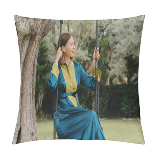 Personality  A Tranquil Moment As A Woman In A Vibrant Dress Enjoys A Swing In A Lush Garden Pillow Covers