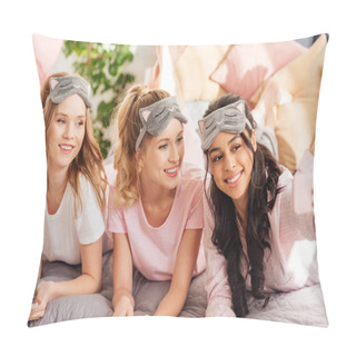 Personality  Beautiful Smiling Multicultural Girls In Sleeping Masks Lying In Bed And Taking Selfie On Smartphone During Pajama Party Pillow Covers