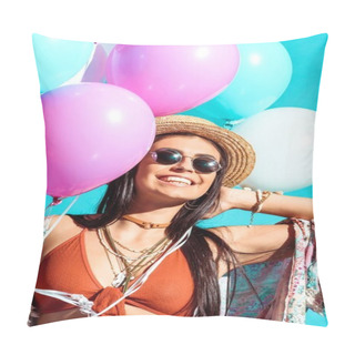 Personality  Hippie Woman Holding Colored Balloons  Pillow Covers
