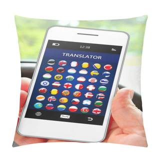 Personality  Hand Holding Mobile Phone With Language Translator Application Pillow Covers