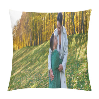Personality  Happy African American Woman Hugging With Son, Standing On Grass With Golden Leaves, Autumn, Banner Pillow Covers
