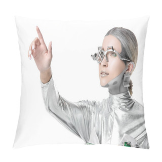 Personality  Portrait Of Silver Cyborg Touching Something Isolated On White, Future Technology Concept Pillow Covers