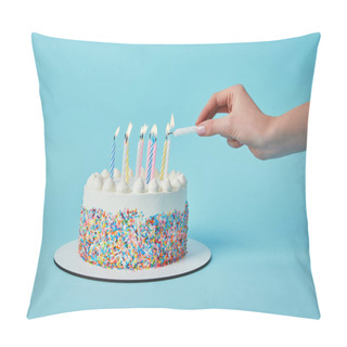 Personality  Partial View Of Woman Lighting Candles On Birthday Cake On Blue Background Pillow Covers