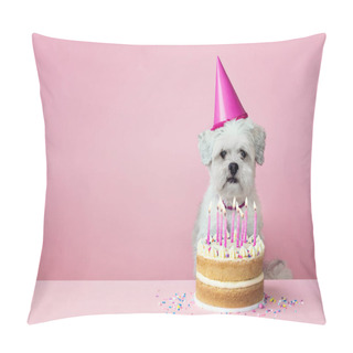 Personality  Cute White Dog With Birthday Cake And Pink Candles Against A Pink Background Pillow Covers