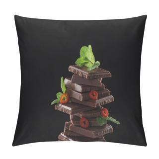 Personality  Dark Chocolate Stack With Fresh Mint And Chili, Isolated On Black Pillow Covers
