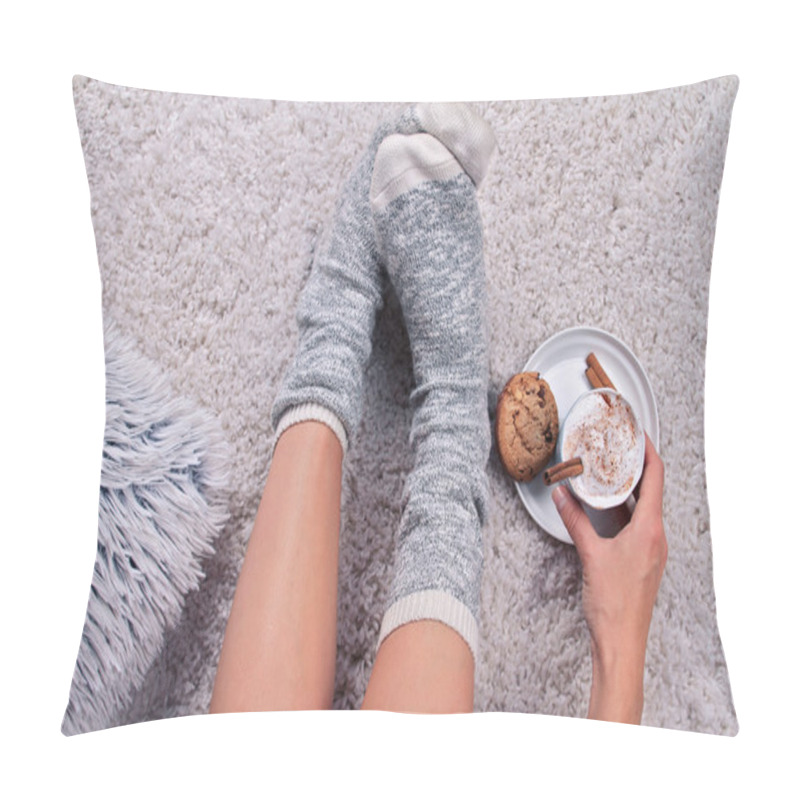 Personality  Woman wearing cozy warm wool socks relaxing at home, drinking cacao, winter lazy day concept, top view. Soft, comfy lifestyle. pillow covers