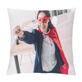 Personality  Attractive Super Businesswoman In Cape And Mask Standing With Hand Up In Office Pillow Covers