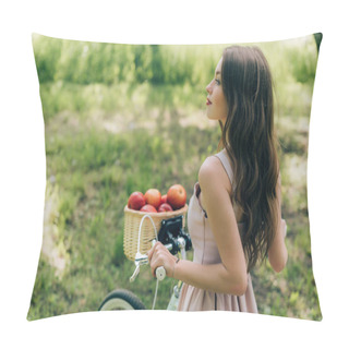 Personality  Side View Of Young Woman In Dress Holding Retro Bicycle With Wicker Basket Full Of Ripe Apples At Countryside Pillow Covers