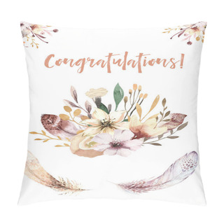 Personality  Boho Set Vintage Watercolor Elements Of Flowers, Garden And Wild Flowers, Leaves, Branches Flowers, Illustration Isolated, Bird And Feathers, Bohenian Bouquets Pillow Covers