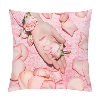 Personality  Cropped View Of Woman Holding Rose Among Petals On Velour Pink Cloth, Girlish Concept  Pillow Covers