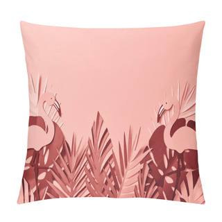 Personality  Top View Of Paper Cut Colorful Palm Leaves And Flamingos On Pink Background Pillow Covers
