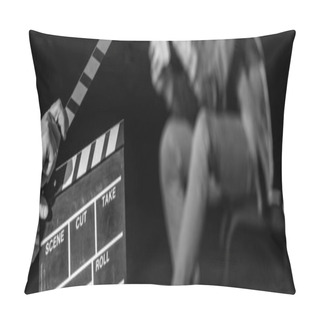 Personality  Panoramic Shot Of Actor With Clapperboard In Front, Isolated On Black, Black And White Pillow Covers