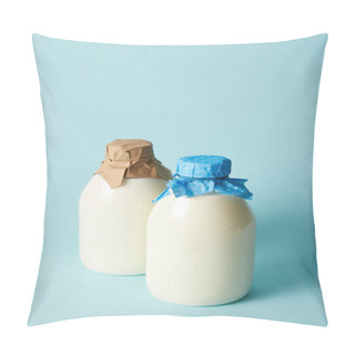 Personality  Two Fresh Milk Bottles Wrapped By Paper On Blue Background  Pillow Covers