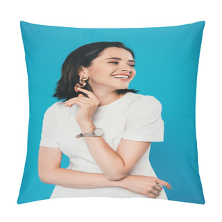 Personality  Happy Elegant Woman In Dress Laughing Isolated On Blue Pillow Covers