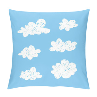 Personality  Set Of Funny Clouds In Doodle Style On Blue Background. Hand Drawn Illustration Cartoon Sky. Creative Art Work. Actual Vector Weather Drawing Pillow Covers