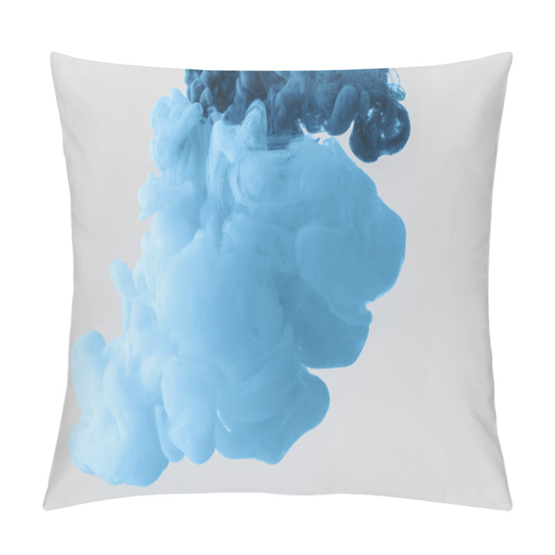 Personality  close up view of mixing of bright pale blue and blue paints splashes  in water isolated on gray pillow covers