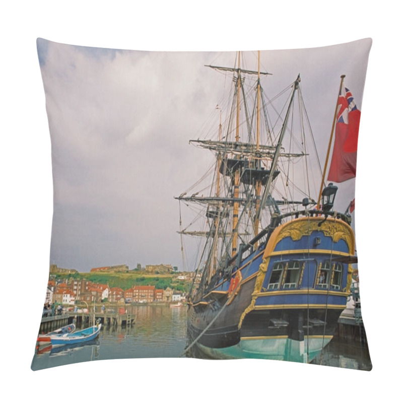 Personality  A Replica Of Captain Cook's 18th Century Ship In Whitby Harbour, From Where He Sailed On His Voyages Of Discovery To America And Australia. Pillow Covers