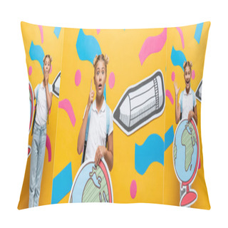 Personality  Collage Of Emotional Schoolgirl With Globe Maquette Covering Mouth, Showing Idea Sign And Waving Hand Near Paper Art Elements On Yellow, Panoramic Shot Pillow Covers