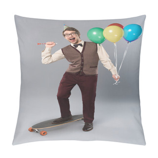 Personality  Excited Man In Glasses And Party Cap Holding Multicolored Balloons And Party Horn While Standing On Longboard On Grey Background Pillow Covers