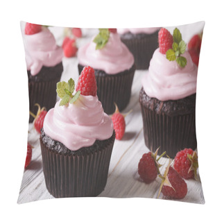 Personality  Chocolate Cupcakes With Cream And Fresh Raspberries Closeup. Hor Pillow Covers