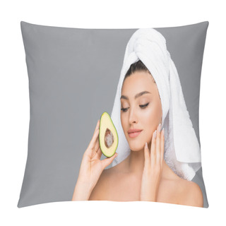 Personality  Woman With Towel On Head And Avocado Isolated On Grey Pillow Covers