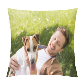 Personality  Young Man Holding Jack Russell Terrier Dog While Relaxing On Green Grass Pillow Covers