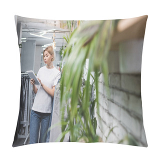 Personality  Blonde Saleswoman Using Digital Tablet In Vintage Shop Pillow Covers
