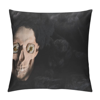 Personality  Spooky Human Skull On Black Background With Copy Space, Halloween Decoration Pillow Covers