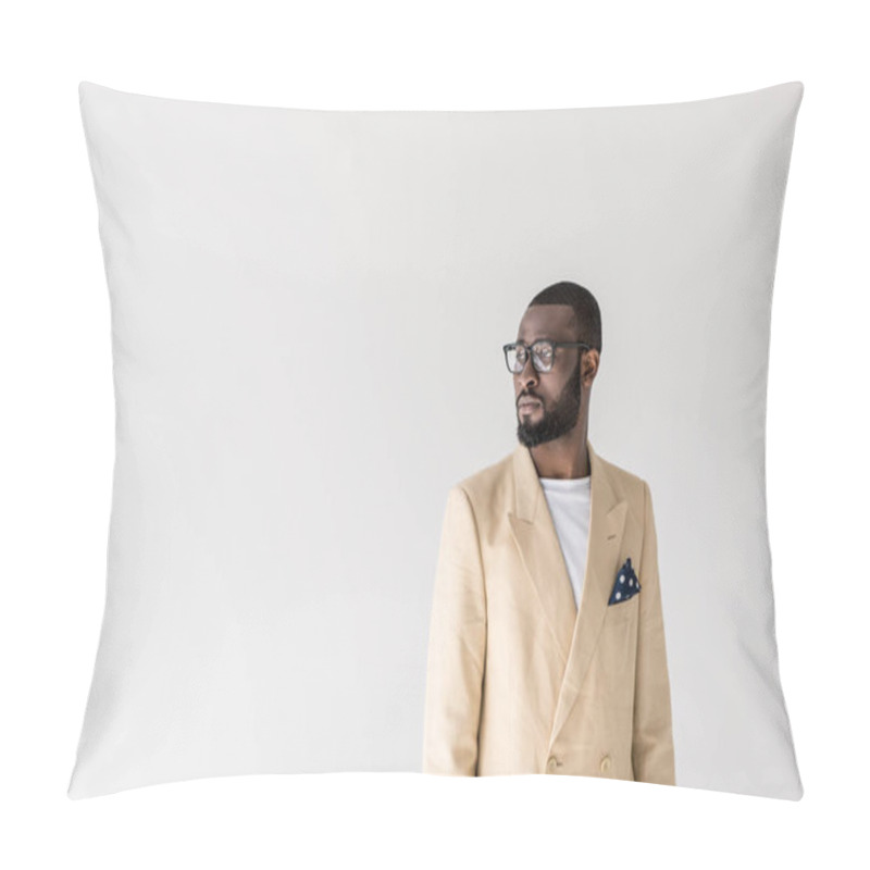 Personality  Portrait Of Handsome Young Stylish African American Man In Eyeglasses Looking Away Isolated On Grey Pillow Covers