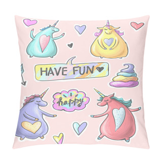 Personality  Set Of Funny Cartoon Dancing Magic Unicorns. Patch, Badge Sticker. Collection Of Icons, Pattern For Clothes, T-shirts, Print, Web Design, Postcards. Pillow Covers