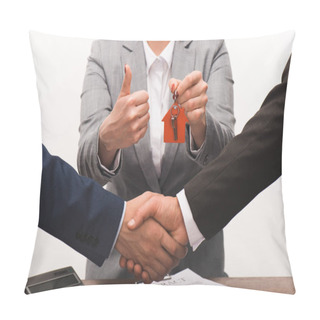 Personality  Cropped Image Of Costumer And Estate Agent Shaking Hands, Realty Buying Concept Isolated On White Pillow Covers