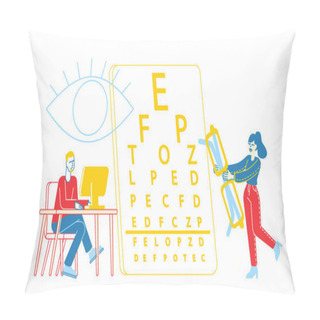 Personality  Myopia And Eyes Disease Concept. Male Character Sit At Desk Working On Computer In Office, Woman Carry Huge Eyeglasses At Vision Check Up Board. Nearsightedness Treatment. Linear Vector Illustration Pillow Covers