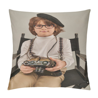 Personality  Boy In Beret And Glasses Holding Retro Camera While Sitting On Director Chair, Young Photographer Pillow Covers