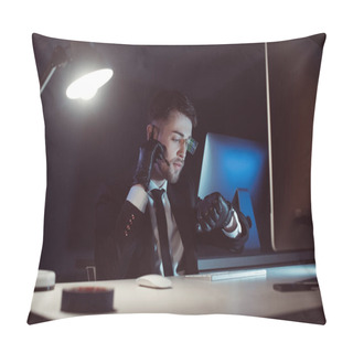 Personality  Portrait Of Spy Agent In Gloves With Headset Checking Time At Table With Computer Screen In Dark Pillow Covers