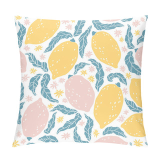 Personality  Lemon Pattern. Vector Seamless Background With Hand Drawn Citrus Fruits And Flowers. Cartoon Illustration In Simple Flat Scandinavian Style. Ideal For Fabric, Textile, Packaging, Kitchen Design. Pillow Covers