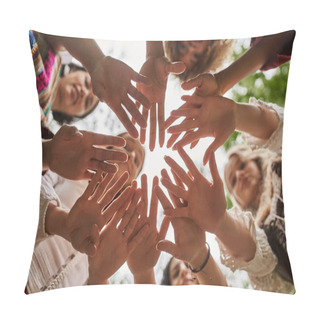 Personality  Bottom View Of Blurred Interracial Women Waving Hands At Camera In Retreat Center Pillow Covers