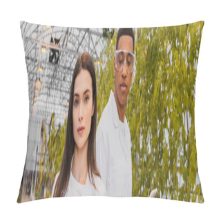 Personality  Botanist Looking At Camera Near African American Colleague With Digital Tablet In Greenhouse, Banner  Pillow Covers