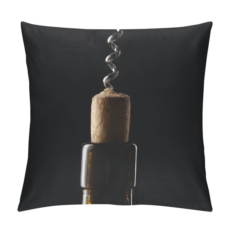 Personality  Close up view of glass wine bottle with wooden cork and corkscrew isolated on black pillow covers