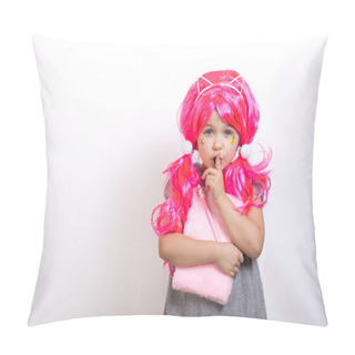 Personality  Keep Silence Gesture. Child With Funny Pink Haircut Put Forefinger To Lips As Sign Of Silence, Holding Notepad. White Background. Pillow Covers