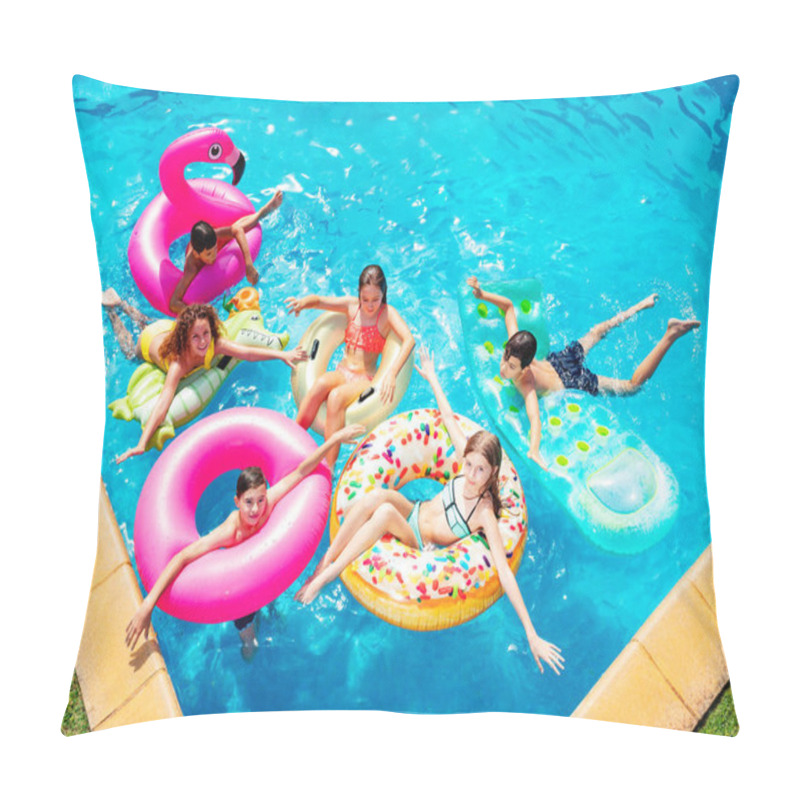 Personality  Group of many happy kids friends swim on inflatable ring toys view from above pillow covers